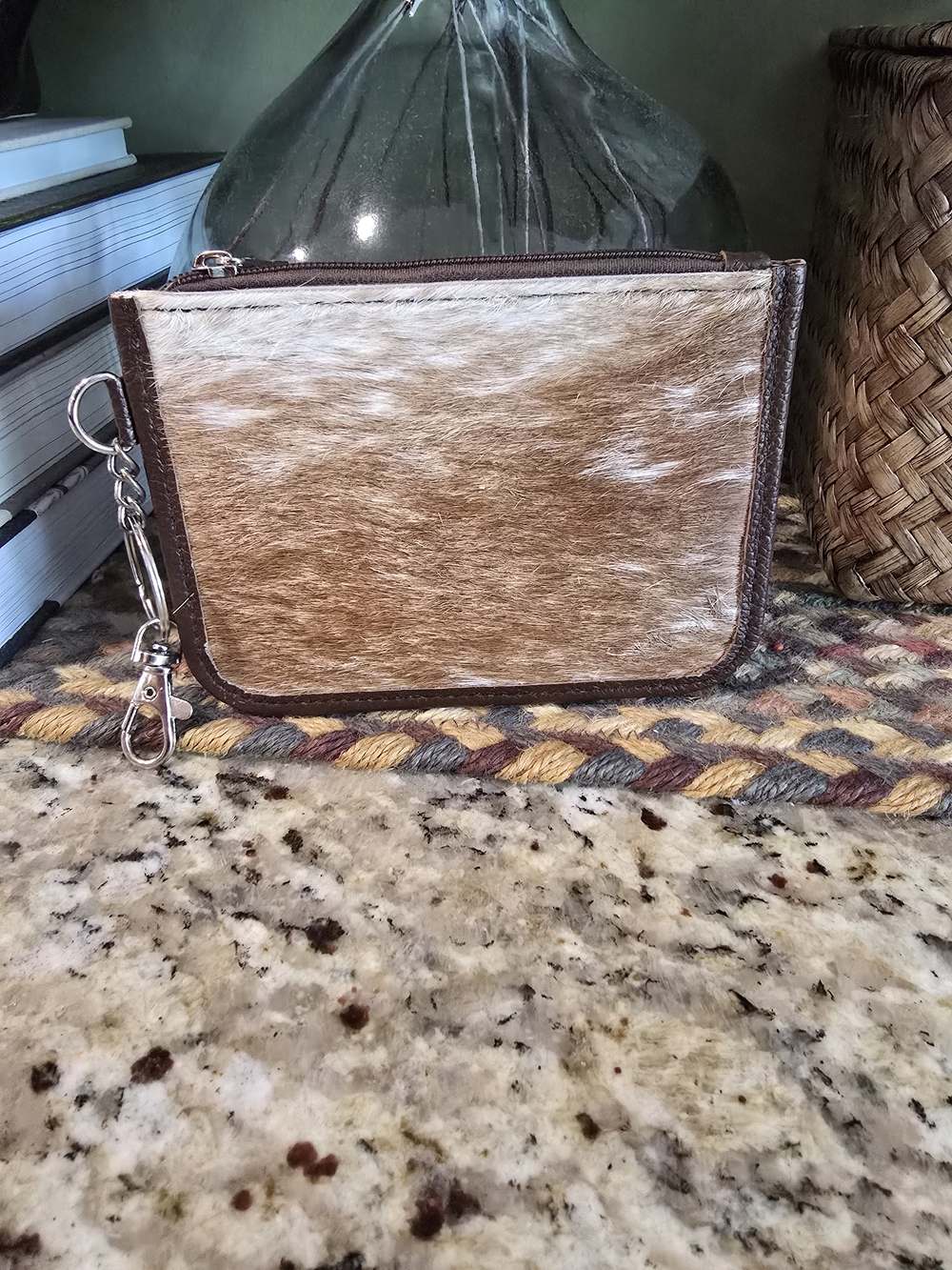 Genuine leather and real Hair-on Hide Zip Wristlet Keychain - Brown & White